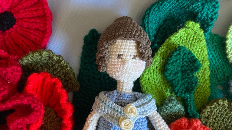 A close up of Regency-inspired crochet crafts at The Vyne.